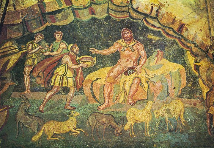 Ulisse e Polifemo nella grotta del ciclope - mosaico nella Villa del Casale di Piazza Armerina