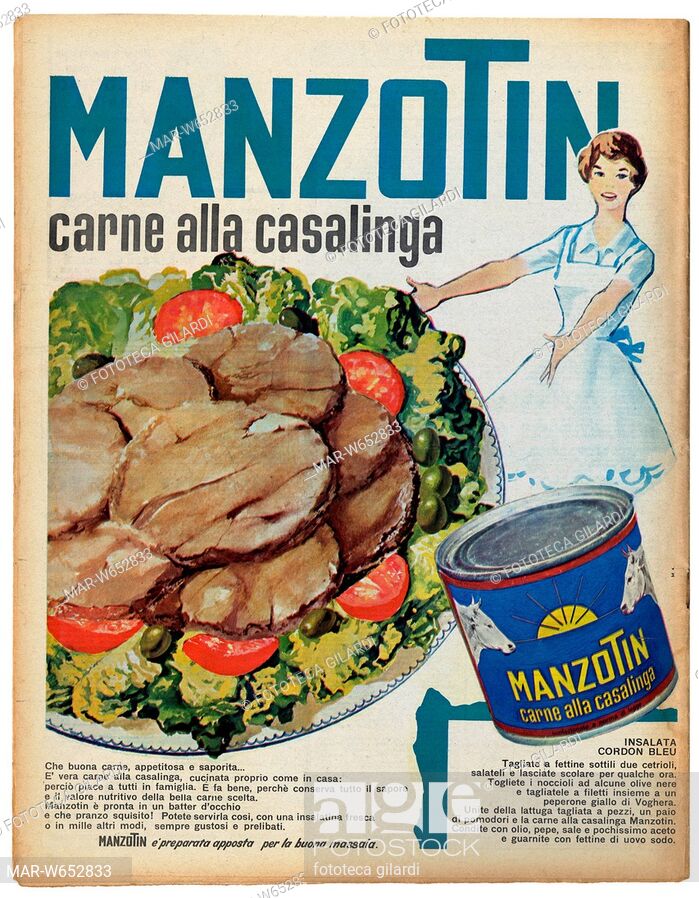 PUBBLICITÀ Manzotin carne alla casalinga, grosse succose fette adagiate su un letto d'insalata, presentate da una impeccabile massaia. Sulla destra un...