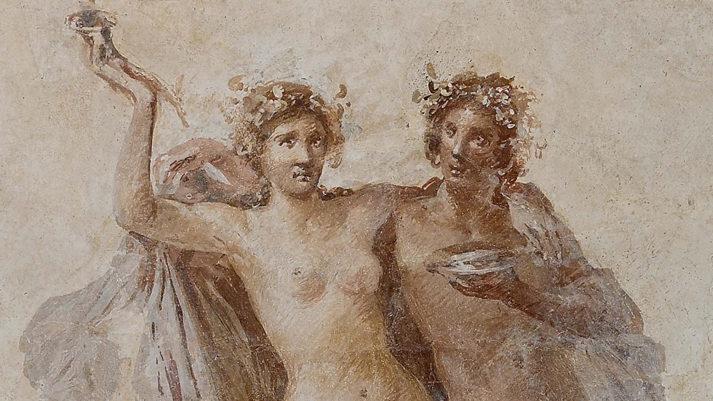 Fresco Fragment Depicting Dionysos and Ariadne; Unknown; Roman Empire; 1st century; Fresco; 94 x 93 x 6 cm (37 x 36 5/8 x 2 3/8 in.); 83.AG.222.3.1